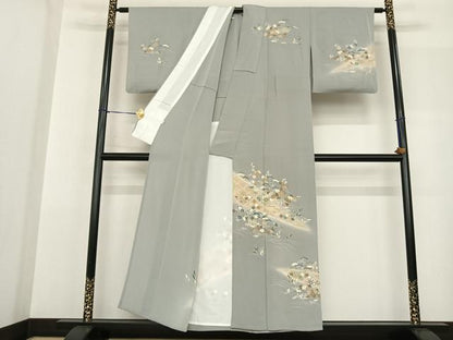 平和屋着物▽訪問着 単衣 刺繍 風景花文 暈し染め 金彩 鬼しぼ縮緬 古代ちりめん 小田急百貨店扱い 反端付き 正絹 逸品 AABF5581fy