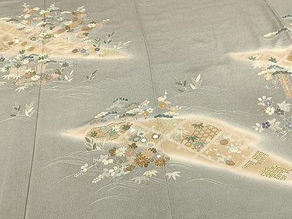 平和屋着物▽訪問着 単衣 刺繍 風景花文 暈し染め 金彩 鬼しぼ縮緬 古代ちりめん 小田急百貨店扱い 反端付き 正絹 逸品 AABF5581fy