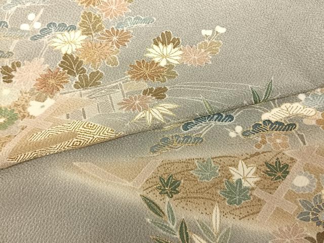 平和屋着物▽訪問着 単衣 刺繍 風景花文 暈し染め 金彩 鬼しぼ縮緬 古代ちりめん 小田急百貨店扱い 反端付き 正絹 逸品 AABF5581fy