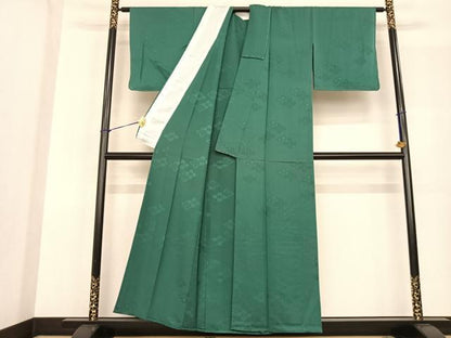 平和屋着物▽上質な色無地　単衣　花菱地紋　萌葱色　正絹　逸品　AABF5585fy
