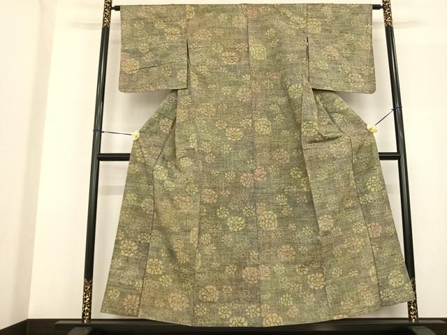 平和屋着物▽上質な紬　単衣　舞花文　正絹　逸品　AABF5591fy