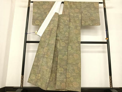 平和屋着物▽上質な紬　単衣　舞花文　正絹　逸品　AABF5591fy