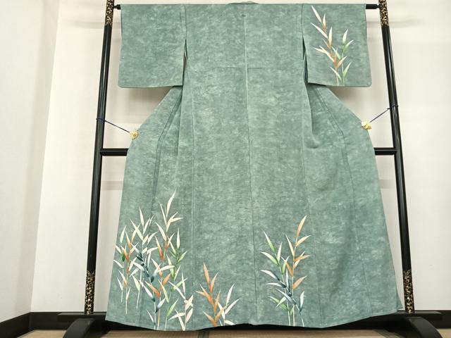 平和屋着物▽訪問着 単衣 手描き 刺繍 草葉文 暈し染め 正絹 逸品 AABF5596fy