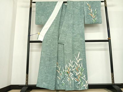平和屋着物▽訪問着 単衣 手描き 刺繍 草葉文 暈し染め 正絹 逸品 AABF5596fy