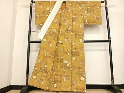 平和屋着物▽上質な紬　単衣　草花文　正絹　逸品　AABF5600fy