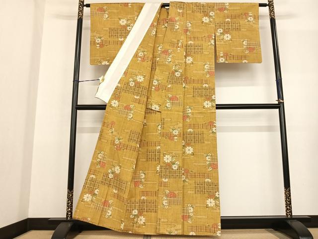 平和屋着物▽上質な紬　単衣　草花文　正絹　逸品　AABF5600fy