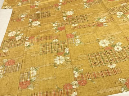 平和屋着物▽上質な紬　単衣　草花文　正絹　逸品　AABF5600fy