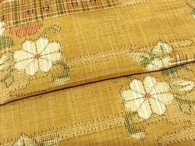 平和屋着物▽上質な紬　単衣　草花文　正絹　逸品　AABF5600fy