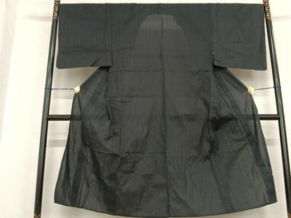 平和屋着物▽男性　お召　単衣　縞　黒地　正絹　逸品　AABF5601fy