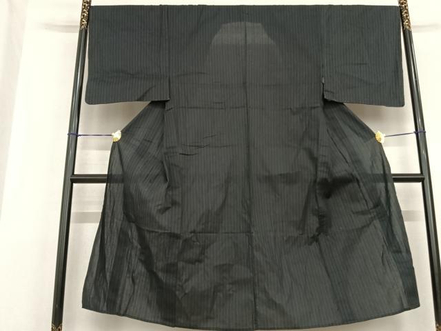 平和屋着物▽男性　お召　単衣　縞　黒地　正絹　逸品　AABF5601fy