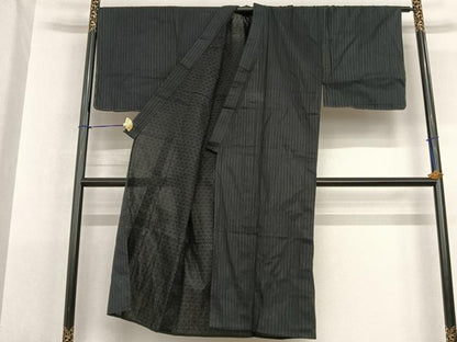 平和屋着物▽男性　お召　単衣　縞　黒地　正絹　逸品　AABF5601fy