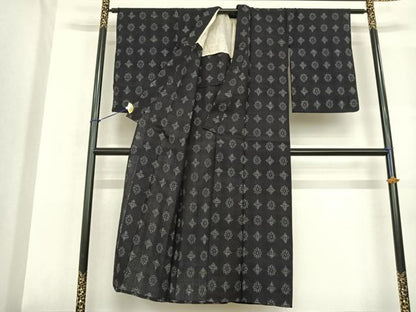 平和屋着物▽上質な紬 単衣 幾何学文様 正絹 逸品 AABF5602fy