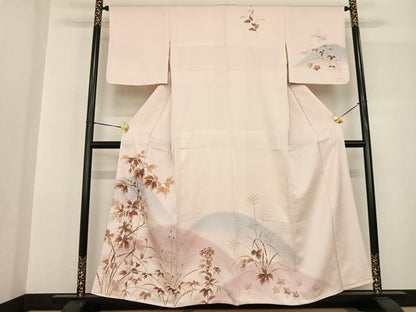 平和屋着物▽訪問着 単衣 友禅 手描き 刺繍 草葉文 暈し染め 正絹 逸品 AABF5607fy
