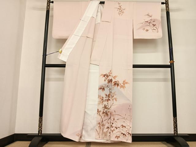 平和屋着物▽訪問着 単衣 友禅 手描き 刺繍 草葉文 暈し染め 正絹 逸品 AABF5607fy