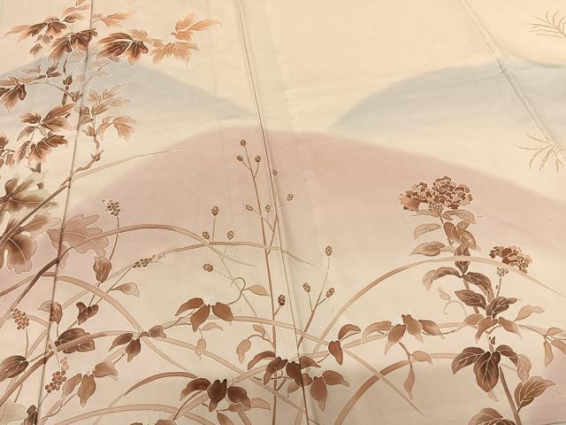 平和屋着物▽訪問着 単衣 友禅 手描き 刺繍 草葉文 暈し染め 正絹 逸品 AABF5607fy