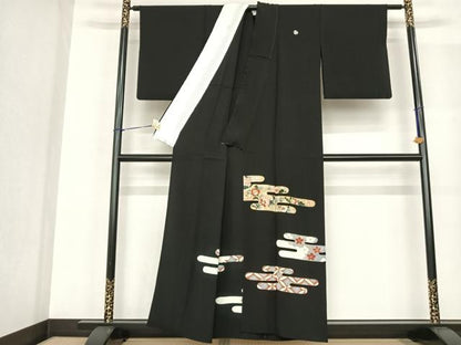 平和屋着物▽豪華黒留袖 単衣 霞取り花文 金彩 正絹 逸品 AABF5611fy