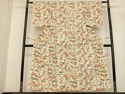 平和屋着物▽上質な小紋 単衣 型染め 扇面花文 正絹 逸品 AABF5621fy
