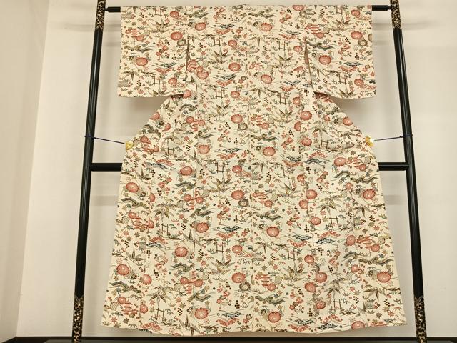 平和屋着物▽上質な小紋 単衣 型染め 扇面花文 正絹 逸品 AABF5621fy