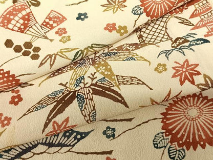 平和屋着物▽上質な小紋 単衣 型染め 扇面花文 正絹 逸品 AABF5621fy