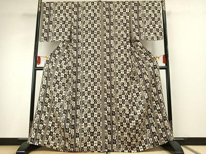 平和屋着物▽上質な小紋 単衣 市松花文 正絹 逸品 AABF5624fy