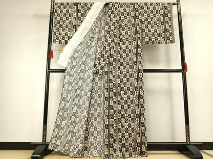 平和屋着物▽上質な小紋 単衣 市松花文 正絹 逸品 AABF5624fy