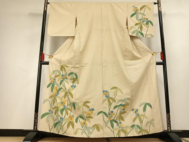 平和屋着物▽訪問着 単衣 紬地 手描き 枝花文 正絹 逸品 AABF5628fy