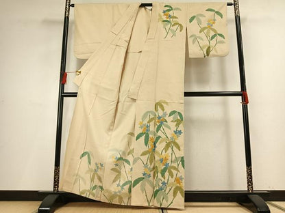 平和屋着物▽訪問着 単衣 紬地 手描き 枝花文 正絹 逸品 AABF5628fy