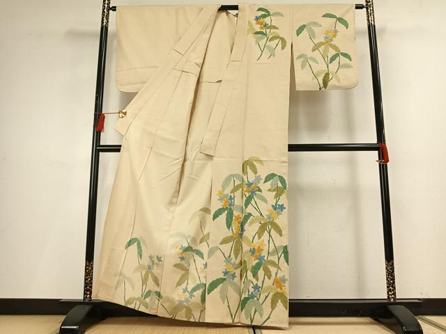 平和屋着物▽訪問着 単衣 紬地 手描き 枝花文 正絹 逸品 AABF5628fy