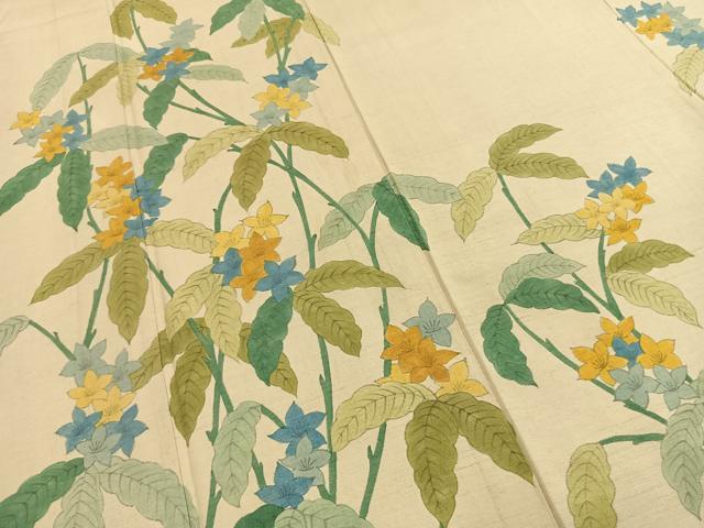 平和屋着物▽訪問着 単衣 紬地 手描き 枝花文 正絹 逸品 AABF5628fy