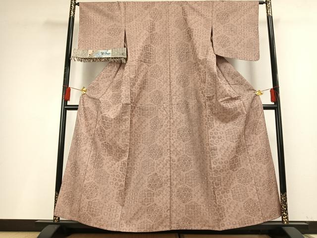 平和屋着物▽上質な紬　単衣　亀甲花文　反端付き　正絹　逸品　AABF5631fy