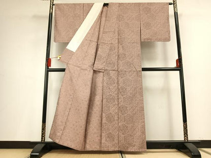 平和屋着物▽上質な紬　単衣　亀甲花文　反端付き　正絹　逸品　AABF5631fy