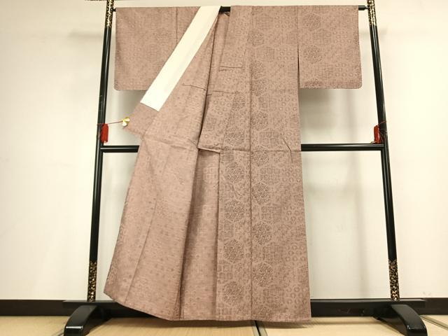 平和屋着物▽上質な紬　単衣　亀甲花文　反端付き　正絹　逸品　AABF5631fy