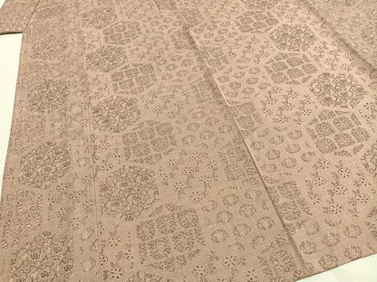 平和屋着物▽上質な紬　単衣　亀甲花文　反端付き　正絹　逸品　AABF5631fy