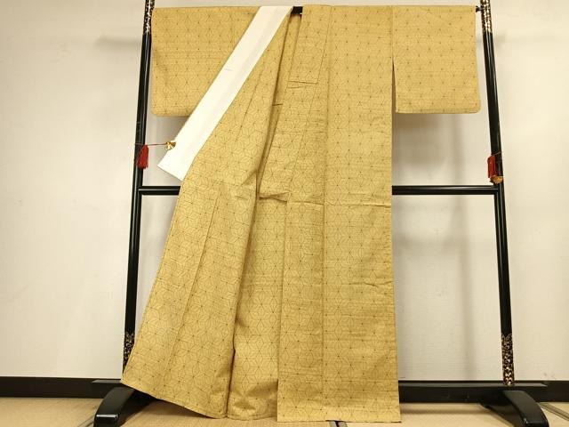 平和屋着物▽上質な紬　単衣　麻の葉文様　正絹　逸品　AABF5633fy