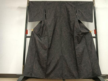 平和屋着物▽上質な紬 単衣 舞花文 黒地 正絹 逸品 AABF5636fy