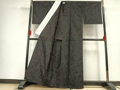 平和屋着物▽上質な紬 単衣 舞花文 黒地 正絹 逸品 AABF5636fy