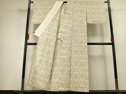 平和屋着物▽上質な紬　単衣　吉祥花文　正絹　逸品　AABF5642fy