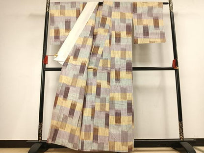 平和屋着物▽上質な紬 単衣 幾何学文様 正絹 逸品 AABF5643fy