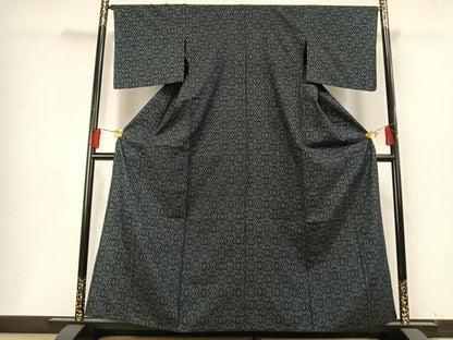 平和屋着物▽結城紬　単衣　80亀甲　幾何学文様　正絹　逸品　AABF5644fy