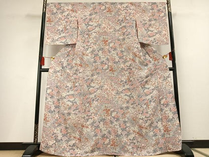 平和屋着物▽上質な小紋 単衣 手描き 草花文 暈し染め 鬼しぼ縮緬 正絹 逸品 未使用 AABF5645fy