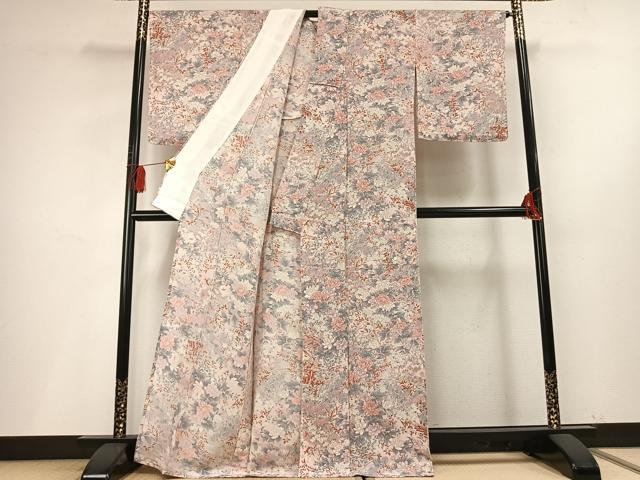 平和屋着物▽上質な小紋 単衣 手描き 草花文 暈し染め 鬼しぼ縮緬 正絹 逸品 未使用 AABF5645fy
