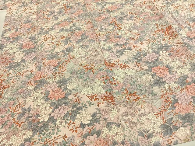平和屋着物▽上質な小紋 単衣 手描き 草花文 暈し染め 鬼しぼ縮緬 正絹 逸品 未使用 AABF5645fy