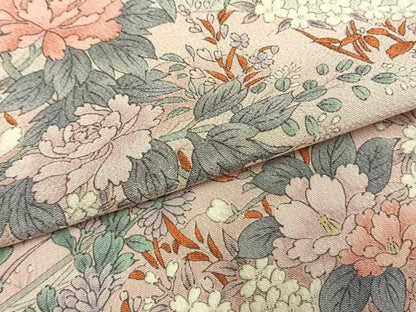 平和屋着物▽上質な小紋 単衣 手描き 草花文 暈し染め 鬼しぼ縮緬 正絹 逸品 未使用 AABF5645fy