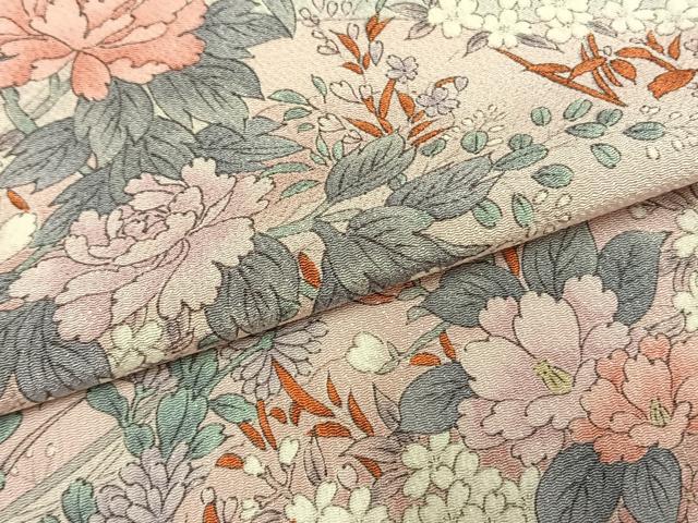 平和屋着物▽上質な小紋 単衣 手描き 草花文 暈し染め 鬼しぼ縮緬 正絹 逸品 未使用 AABF5645fy