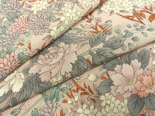 平和屋着物▽上質な小紋 単衣 手描き 草花文 暈し染め 鬼しぼ縮緬 正絹 逸品 未使用 AABF5645fy