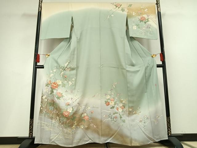 平和屋着物▽訪問着 単衣 作家物 駒刺繍 枝花文 暈し染め 金彩 正絹 逸品 AABF5648fy