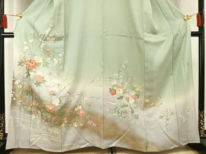 平和屋着物▽訪問着 単衣 作家物 駒刺繍 枝花文 暈し染め 金彩 正絹 逸品 AABF5648fy
