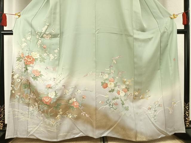 平和屋着物▽訪問着 単衣 作家物 駒刺繍 枝花文 暈し染め 金彩 正絹 逸品 AABF5648fy