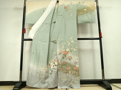 平和屋着物▽訪問着 単衣 作家物 駒刺繍 枝花文 暈し染め 金彩 正絹 逸品 AABF5648fy