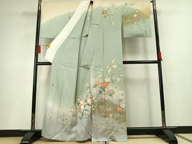 平和屋着物▽訪問着 単衣 作家物 駒刺繍 枝花文 暈し染め 金彩 正絹 逸品 AABF5648fy